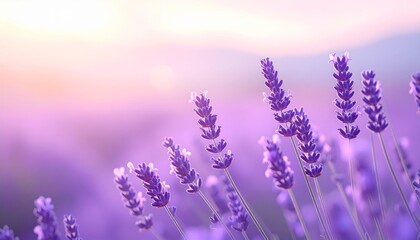 Naklejka premium Golden light bathes the purple lavender field at sunset, highlighting the delicate flowers in full summer bloom