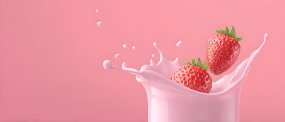 Fresh strawberries splashing into a glass of pink milk against a soft pink backdrop, creating a vibrant and refreshing scene with a playful and sweet vibe.