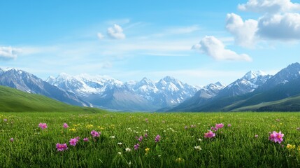 Fototapeta premium Pastel blossoms in green meadow with distant snowcapped mountains, early summer vibe