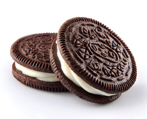 Two chocolate sandwich cookies with creamy filling stacked on a white surface, showcasing their delicious texture and tempting sweetness.