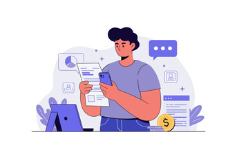 Man checking financial data on phone with symbols. Suitable for finance blogs, business presentations, investment articles, and marketing materials.