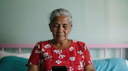 An elderly woman with gray hair sits on a bed, focused on her smartphone, wearing a floral-patterned shirt against a soft background.