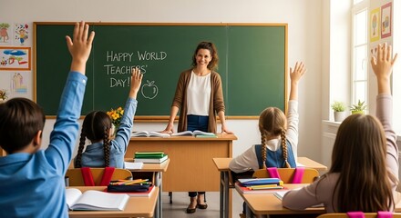 Elementary school children actively engage in a bright classroom, raising their hands to participate in a lesson led by their dedicated female teacher