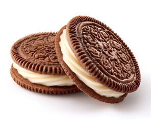 Two chocolate sandwich cookies stacked on white surface, showcasing creamy filling and intricate cookie pattern in bright studio lighting, creating tempting treat.