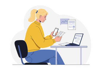 Woman scanning papers at desk with phone, suitable for technology, business, organizational concepts, freelancers, and remote work websites or articles.