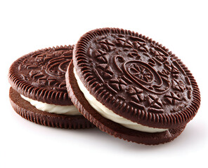Two chocolate sandwich cookies with creamy filling are stacked on a white surface, showcasing their deliciousness and tempting treat, perfect for a sweet indulgence.