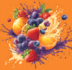 Assorted fresh fruits burst with vibrant juice against a bright orange backdrop, creating a refreshing and energetic splash of color and flavor.