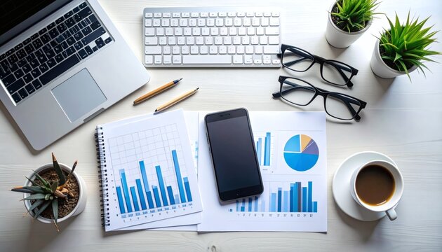 Flatlay of Modern Workspace: Charts, Laptop, Smartphone, and Coffee - Powered by Adobe