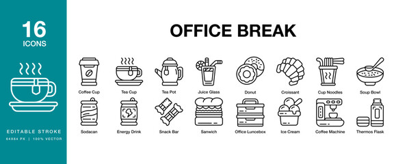 Office Break icon set. Includes office, work, break, business, corporate and More. Editable Stroke Icon Collection.