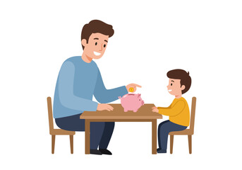 Father and son saving money in a piggy bank. Suitable for financial literacy concepts or family savings illustrations.