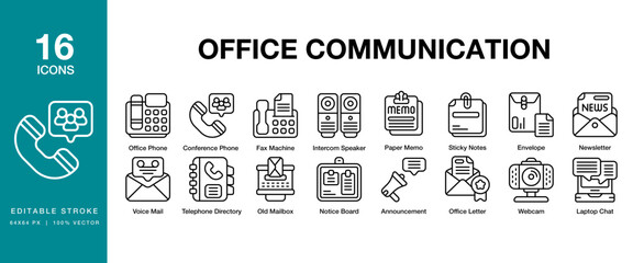 Office Communication icon set. Includes communication, business, work, corporate, office and More. Editable Stroke Icon Collection.