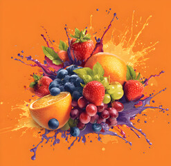 Fresh fruits create vibrant splash against orange backdrop, showcasing healthy eating and colorful summer flavors with juicy and refreshing appeal.