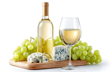 White wine bottle and glass sit with grapes and blue cheese on wooden board, creating an elegant and inviting still life arrangement.