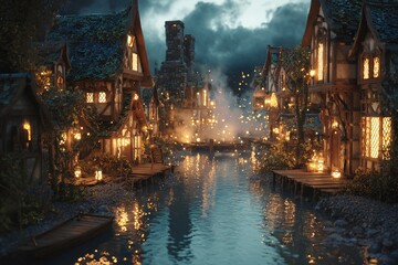 Fototapeta premium Magical riverside village illuminated by lanterns at night