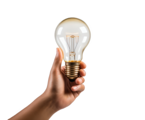 A hand holding a vintage edison light bulb, isolated on a transparent background, symbolizing ideas, innovation, and creativity