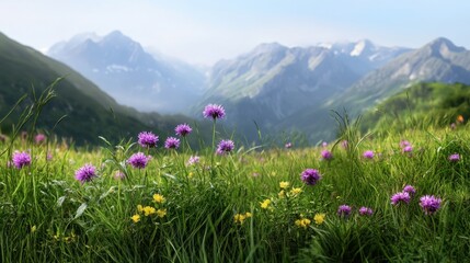 Fototapeta premium Pastel-colored wildflowers blooming in a serene mountain meadow, soft light and misty peaks
