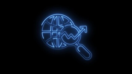 Global market analysis neon style animation with magnifying glass and rising graph