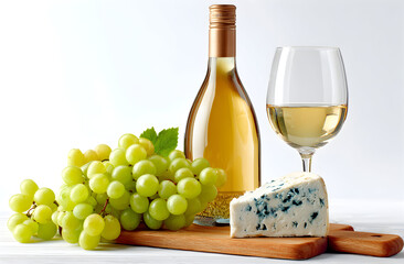 Bottle of white wine sits next to grapes and cheese on wooden board, creating a sophisticated and inviting scene for a relaxing evening.