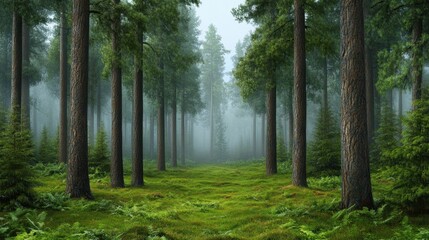 Obraz premium Peaceful forest with pine trees and early morning fog creating a tranquil, ethereal atmosphere
