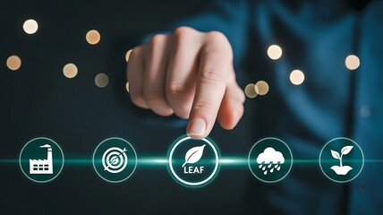 Hand touching leaf icon with environmental symbols finger pressing