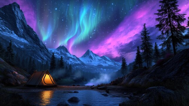 Peaceful nighttime camping in the mountains under swirling aurora lights and starlit skies.