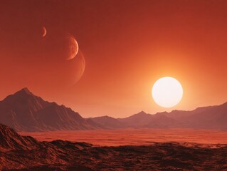 High-Quality Dramatic Mars Landscape with Distant Suns and Celestial Bodies Modern Cosmic Discovery for Tech and Science Marketing Campaigns