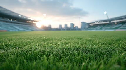Vibrant Green Grass Field Shimmers Under Soft Sunlight in a Stadium with Blurred Cityscape Background