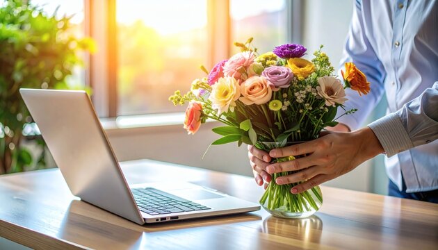 Brightening the Workspace: Man's Hands Place a Vibrant Floral Bouquet by a Laptop in Warm Sunlight.