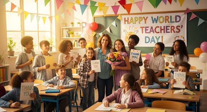 Happy World Teachers' Day Celebration with Students Expressing Gratitude in Classroom