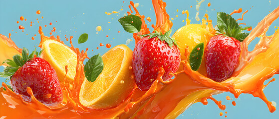 Strawberries and lemons splashing in orange juice against a light blue backdrop, creating a refreshing and vibrant summer mood.