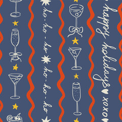 Seamless holiday pattern with various drinks in vertical stripes. Hand drawn ink new year vector illustration. Background for social media, banners, invitation. Trendy Christmas party template. 