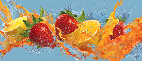 Fresh strawberries and citrus fruits splashing in clear water against a light blue backdrop, creating a vibrant and refreshing scene, perfect for summer.