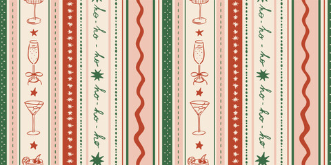 Seamless holiday pattern with various drinks in vertical stripes. Hand drawn ink new year vector illustration. Background for social media, banners, invitation. Trendy Christmas party template. 
