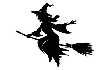 Silhouette of a witch flying on a broomstick isolated on transparent background