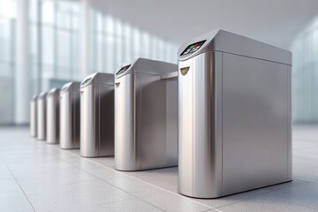 Modern Automated Electronic Turnstiles with Security System Panels in Spacious Corporate Entrance Premium Facility Access for Professional Business Use