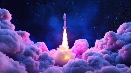 Rocket launch against a celestial backdrop, clouds curl below in a wave of illuminated pastel swirls.