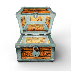 Open Wooden Chest with Metal Details and an Attached Lock on a White Background. 3D Illustration. File with Clipping Path