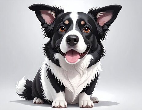 A cheerful, cartoonish rendering of a black and white corgi dog sitting against a neutral background
