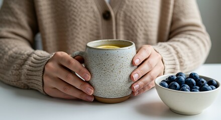 Person holding mug of lemon tea next to bowl of blueberries hands