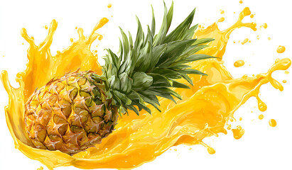 Fresh pineapple splashing into vibrant yellow juice against a white backdrop, creating a refreshing and tropical scene.