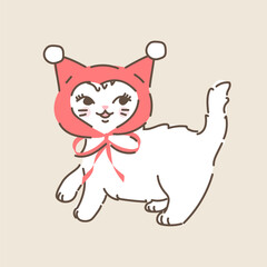Cute Christmas white fluffy cat in red bonnet hat. Hand drawn vector illustration in vintage style. Funny retro pet character card template. Holiday winter kitty isolated.