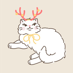 Cute white fluffy cat in reindeer hat. Hand drawn vector illustration in vintage style. Funny retro pet character card template. Holiday winter kitty isolated.
