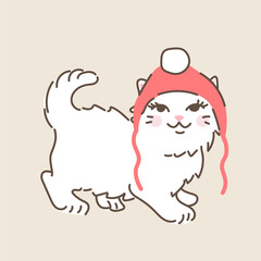 Cute Christmas white fluffy cat in red bonnet hat. Hand drawn vector illustration in vintage style. Funny retro pet character card template. Holiday winter kitty isolated.