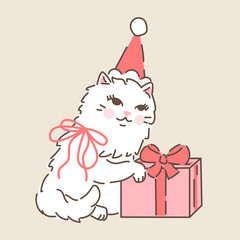 Cute Christmas white fluffy cat in Santa hat with gift box. Hand drawn vector illustration in vintage style. Funny retro pet character card template. Holiday kitty isolated.