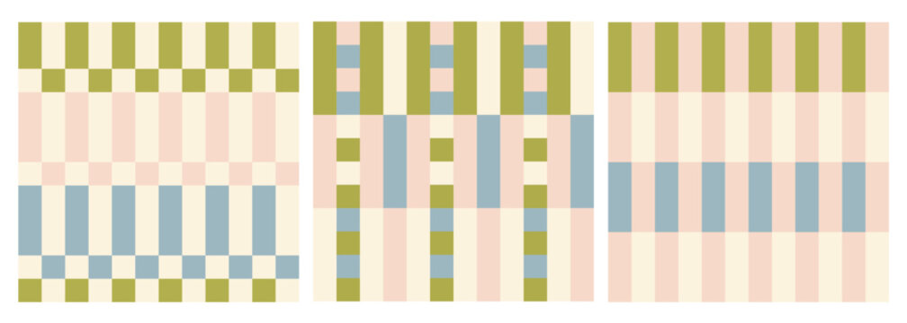 Set of cute retro geometric seamless patterns. Vintage flannel baby blanket print. Vector plaid illustration. Aesthetic minimalists checkered background.