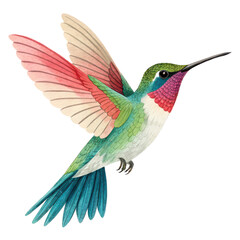 Fototapeta premium Colorful hummingbird with vibrant wings in minimal style, showcasing blend of pink, green, and blue hues, creating lively and dynamic appearance