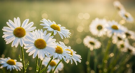 White yellow daisies shining under golden light, symbolizing growth, simplicity, and renewal. Great for backgrounds, greeting cards, and eco-friendly concepts
