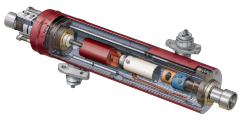 Cutaway diagram of industrial mixer hydraulic cylinder showing internal components and mechanisms, including pistons and seals, with detailed view of structure