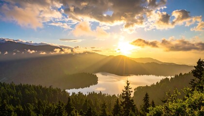 Scenic mountain lake sunset