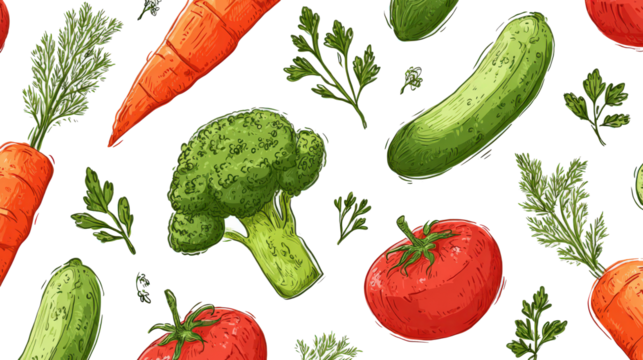 Colorful cartoon mix of vegetables and herbs features carrots, broccoli, cucumbers, tomatoes, and parsley, creating vibrant and fresh pattern - Powered by Adobe
